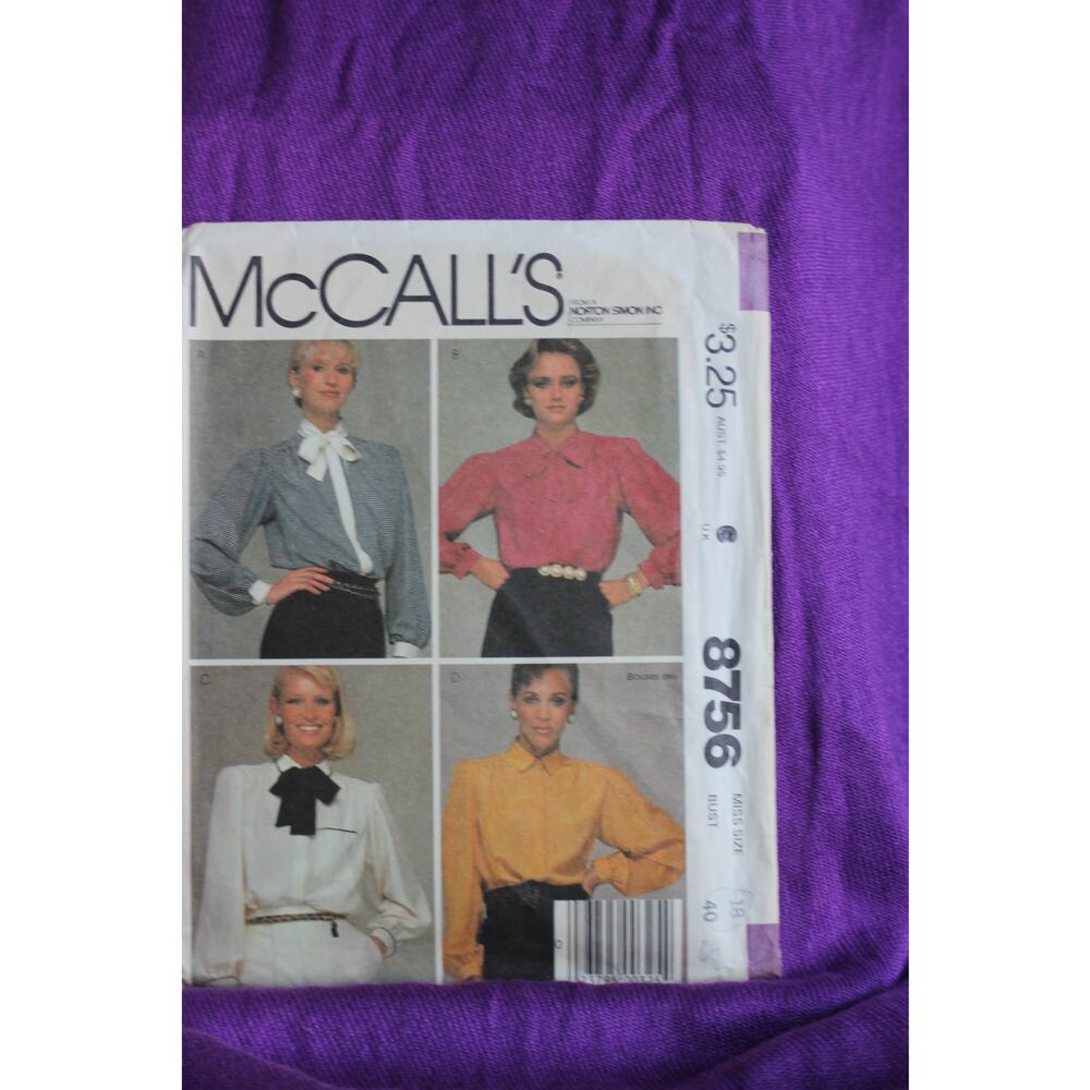 McCalls 8756 Sewing pattern blouse 1980s size 18